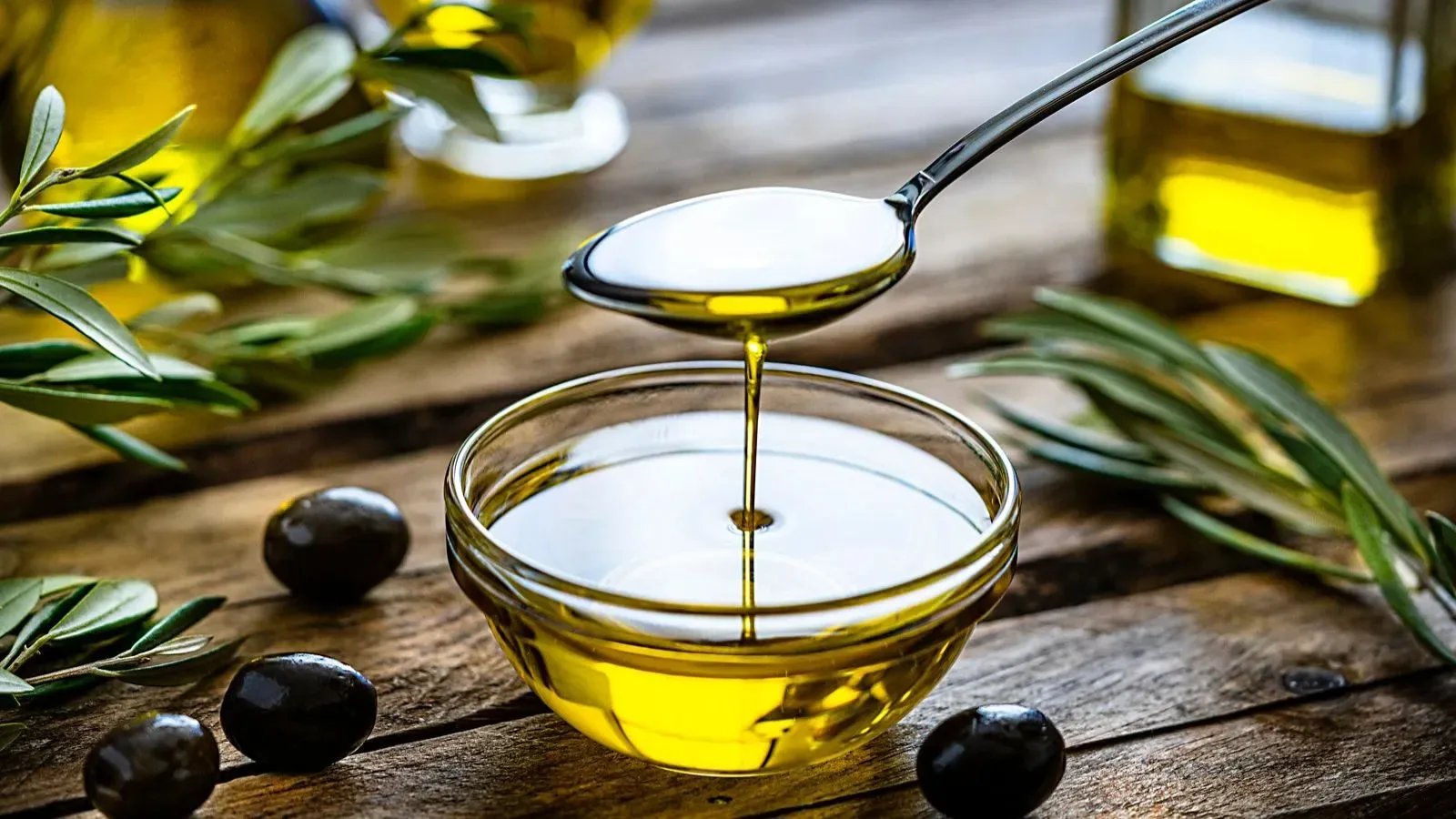 Kaşıktan cam kaseye akan zeytinyağı; yanında zeytin dalları ve zeytinler