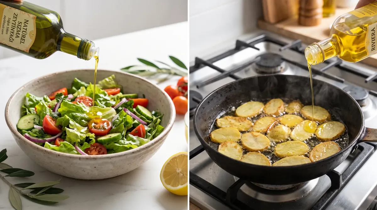 Salataya dökülen sızma zeytinyağı ve tavada patates kızartırken kullanılan Riviera zeytinyağı (örnek görsel)